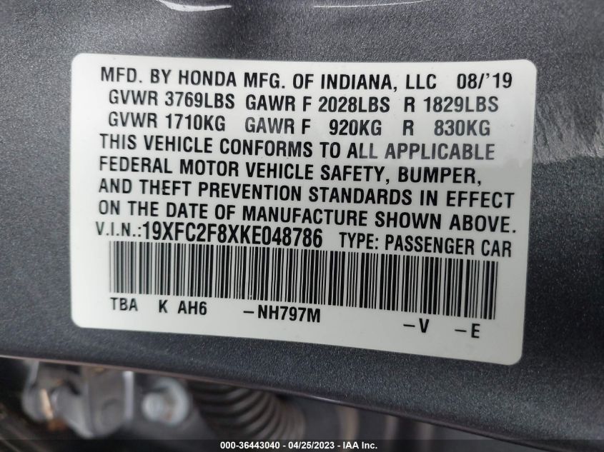 2019 HONDA CIVIC SEDAN SPORT - 19XFC2F8XKE048786