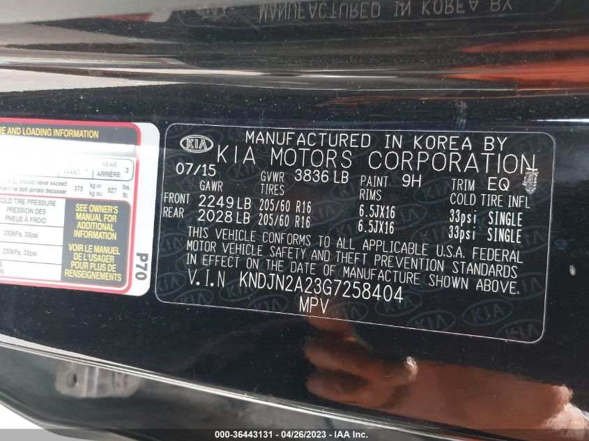 2016 KIA SOUL BASE - KNDJN2A23G7258404