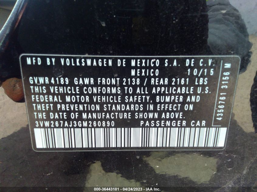 2016 VOLKSWAGEN JETTA SEDAN 1.4T S - 3VW267AJ3GM260890