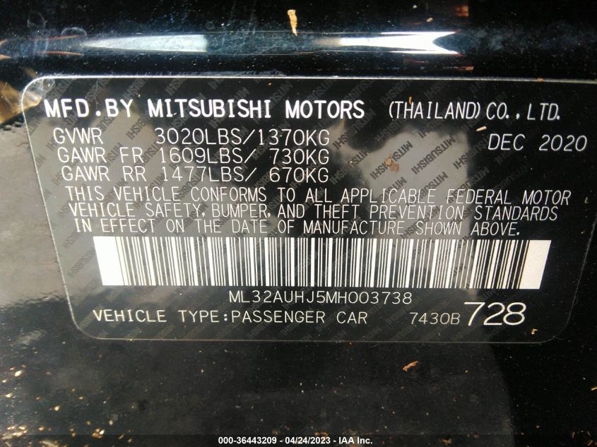 2021 MITSUBISHI MIRAGE ES/LE/CARBONITE EDITION - ML32AUHJ5MH003738