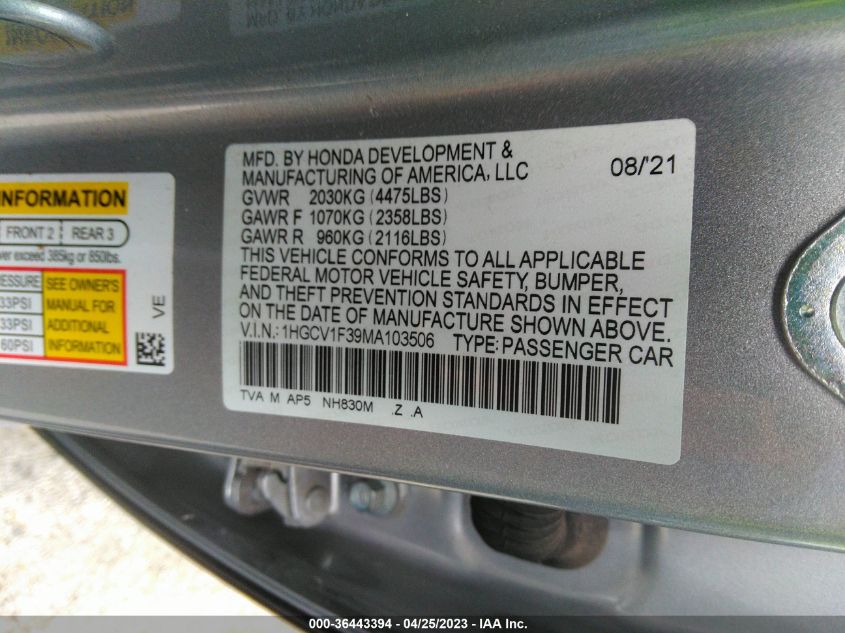 2021 HONDA ACCORD SEDAN SPORT - 1HGCV1F39MA103506