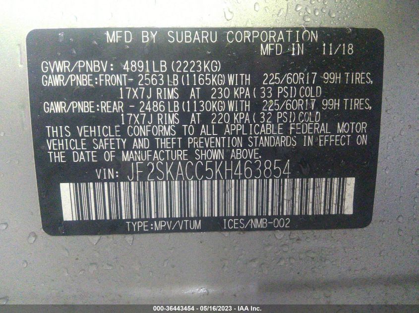 2019 SUBARU FORESTER - JF2SKACC5KH463854