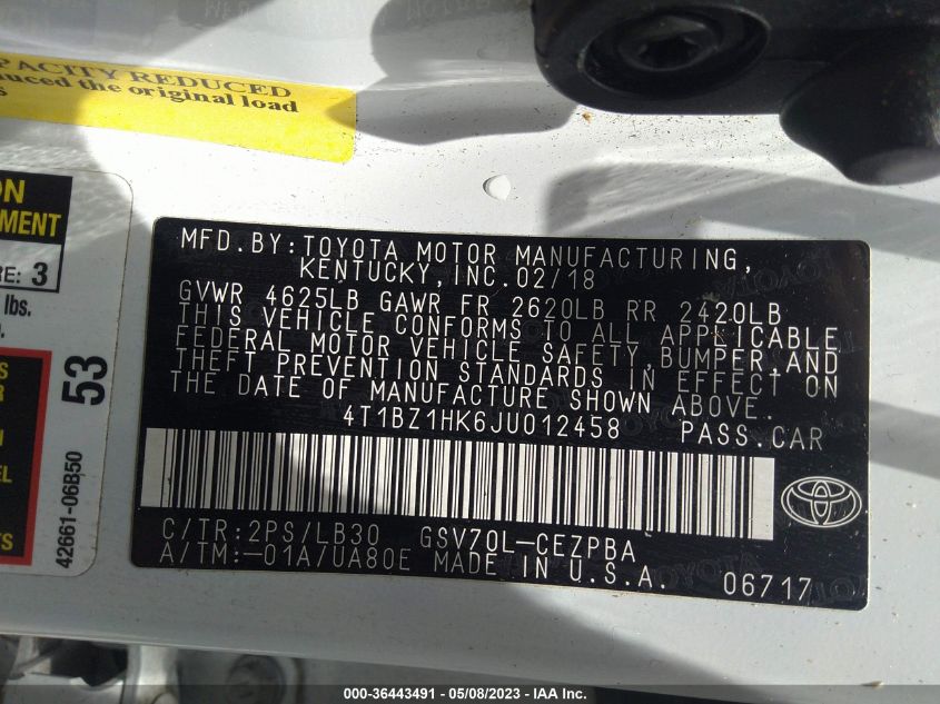 2018 TOYOTA CAMRY V6 - 4T1BZ1HK6JU012458