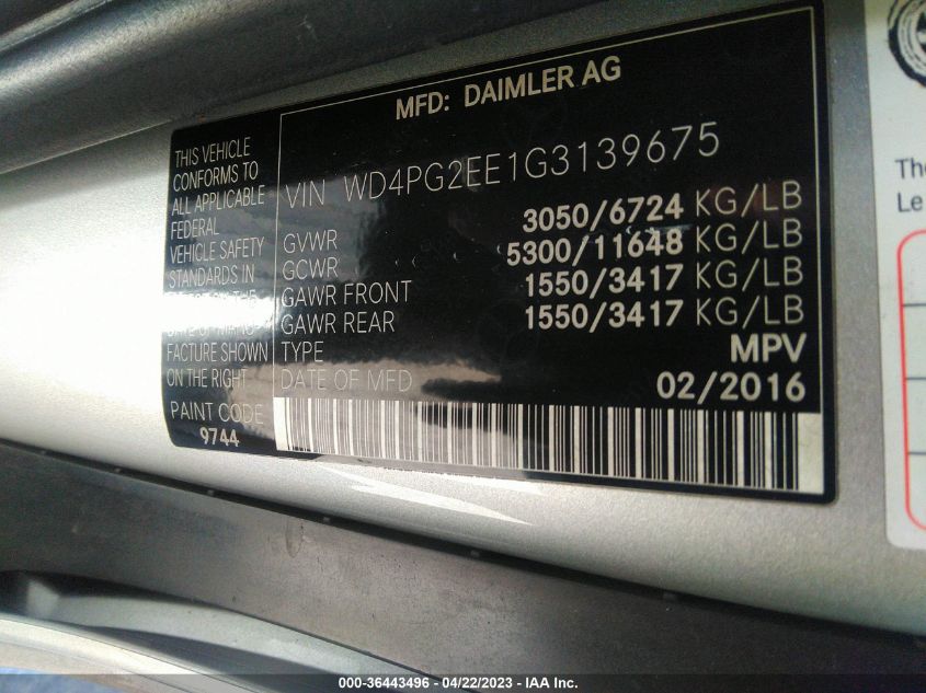 2016 MERCEDES-BENZ METRIS PASSENGER VAN WD4PG2EE1G3139675