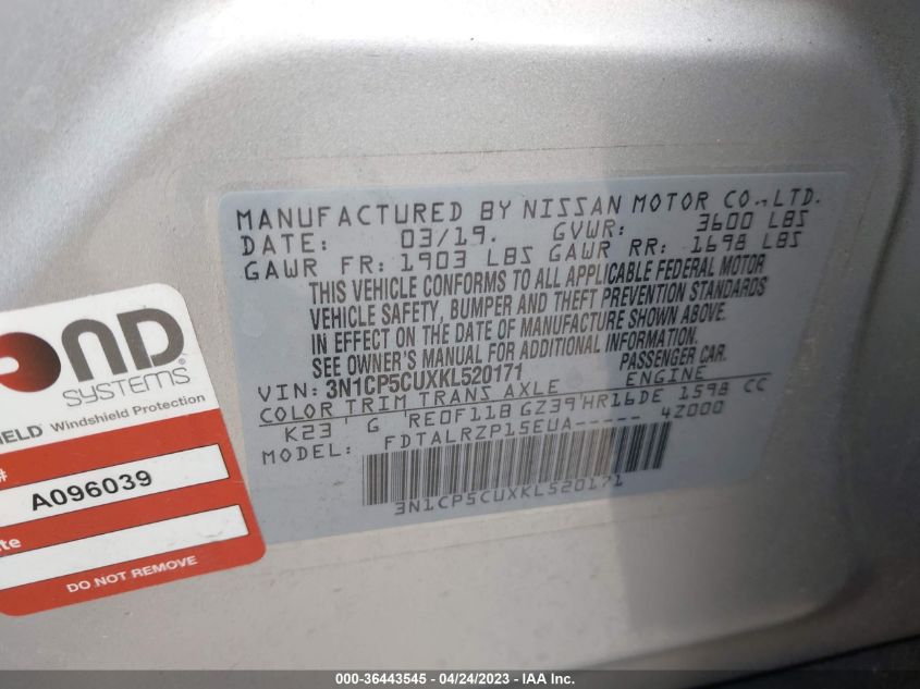 2019 NISSAN KICKS S - 3N1CP5CUXKL520171