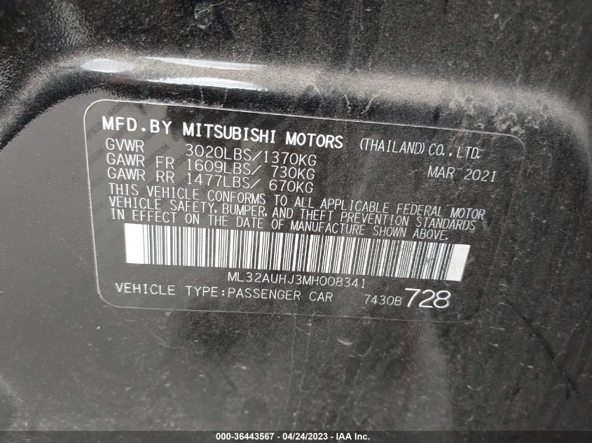 2021 MITSUBISHI MIRAGE ES/LE/CARBONITE EDITION - ML32AUHJ3MH008341