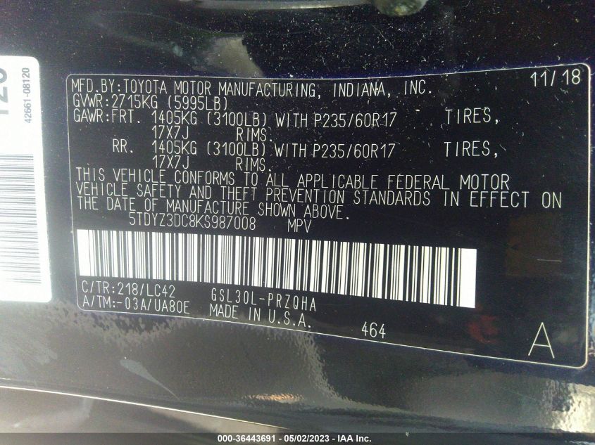 2019 TOYOTA SIENNA XLE AUTO ACCESS - 5TDYZ3DC8KS987008