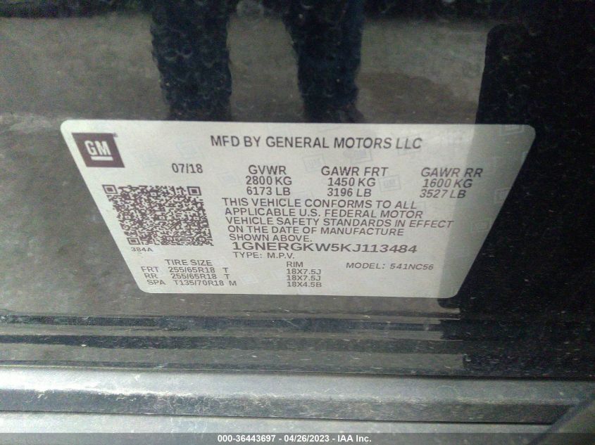 2019 CHEVROLET TRAVERSE LT CLOTH - 1GNERGKW5KJ113484