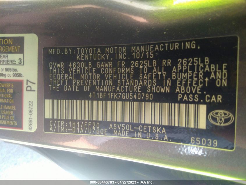 2016 TOYOTA CAMRY XLE/SE/LE/XSE - 4T1BF1FK7GU540790