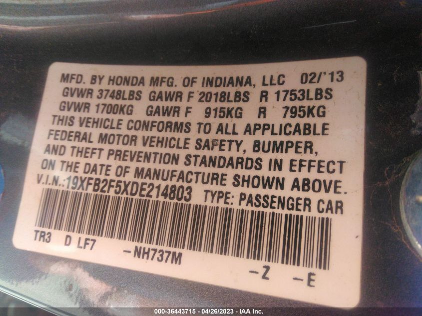 2013 HONDA CIVIC SDN LX - 19XFB2F5XDE214803