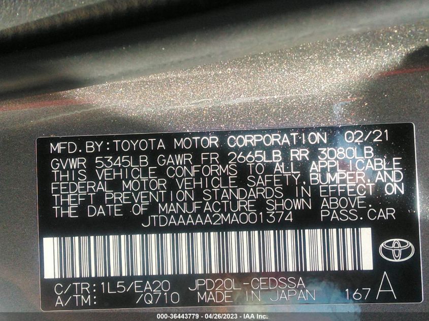 2021 TOYOTA MIRAI XLE/LIMITED JTDAAAAA2MA001374