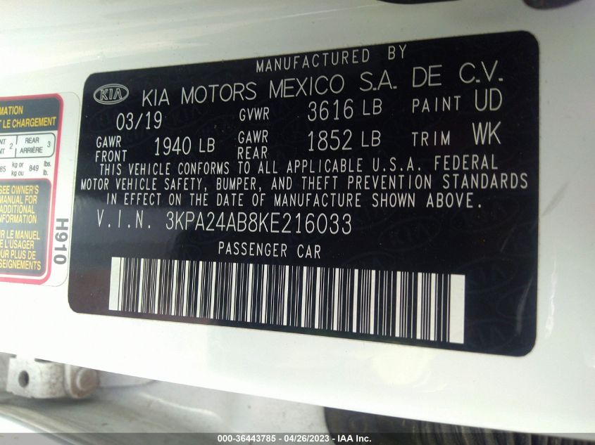 2019 KIA RIO S - 3KPA24AB8KE216033