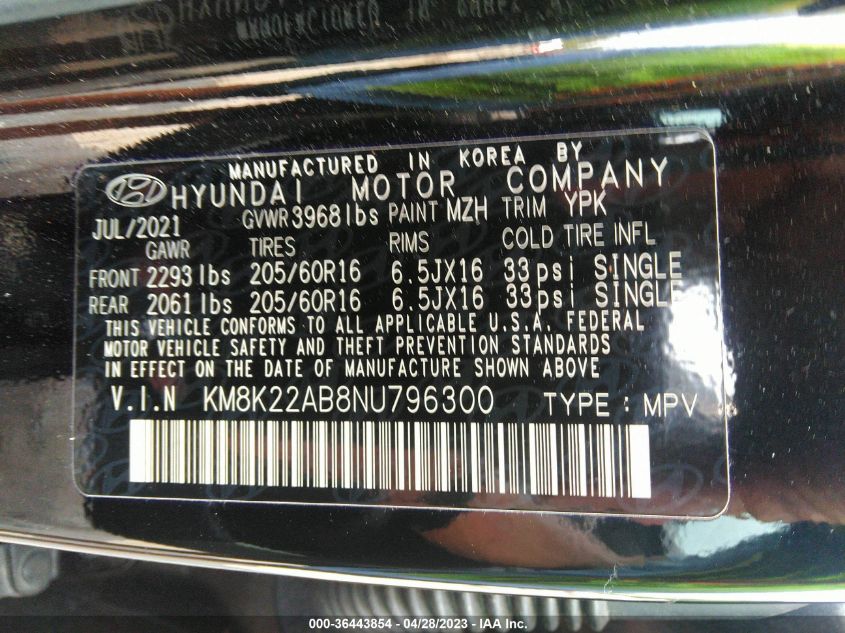 2022 HYUNDAI KONA SE - KM8K22AB8NU796300