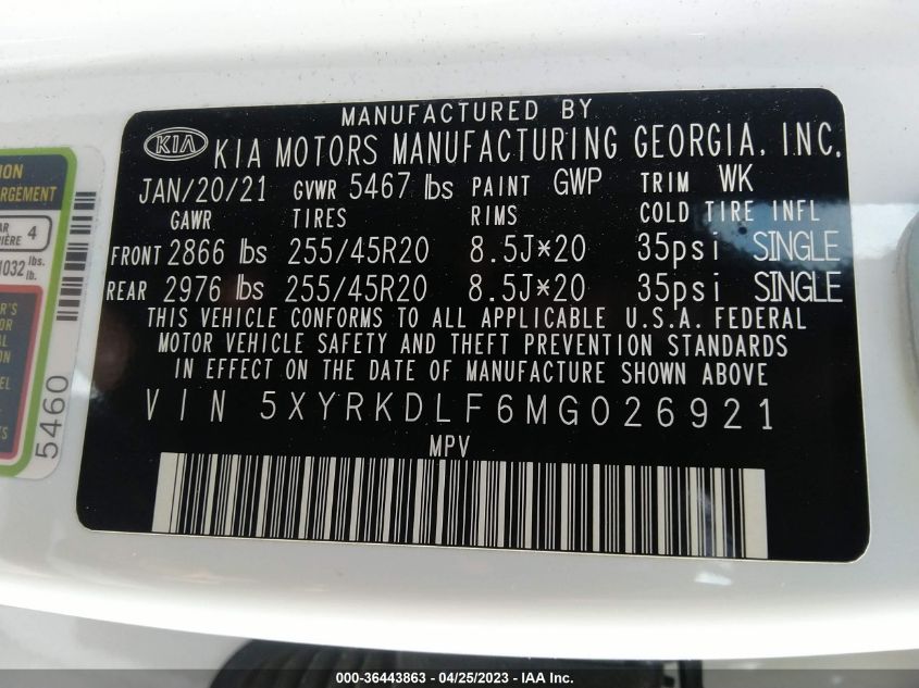 2021 KIA SORENTO SX - 5XYRKDLF6MG026921