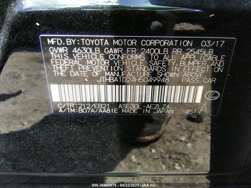 VIN JTHBA1D24H5049948 2017 LEXUS IS IS TURBO