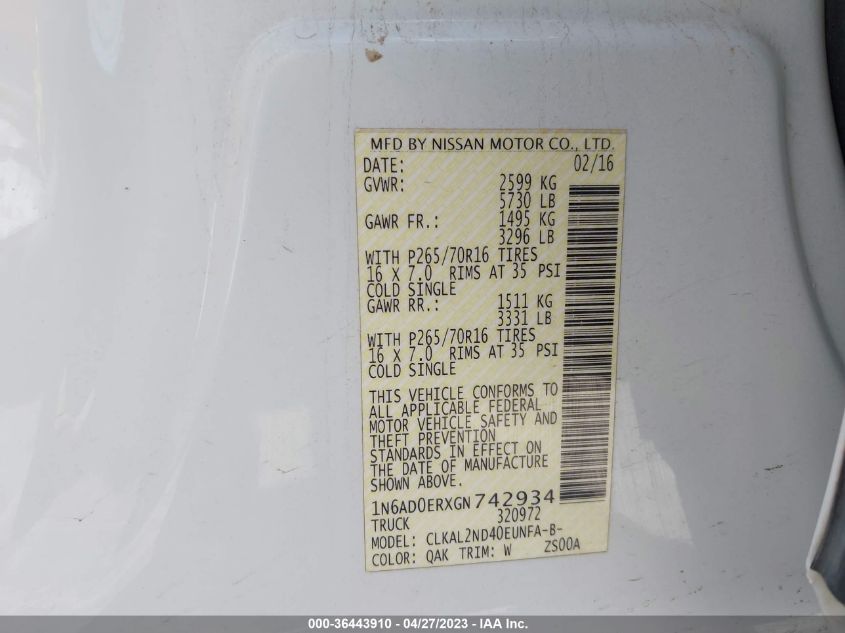2016 NISSAN FRONTIER SV - 1N6AD0ERXGN742934