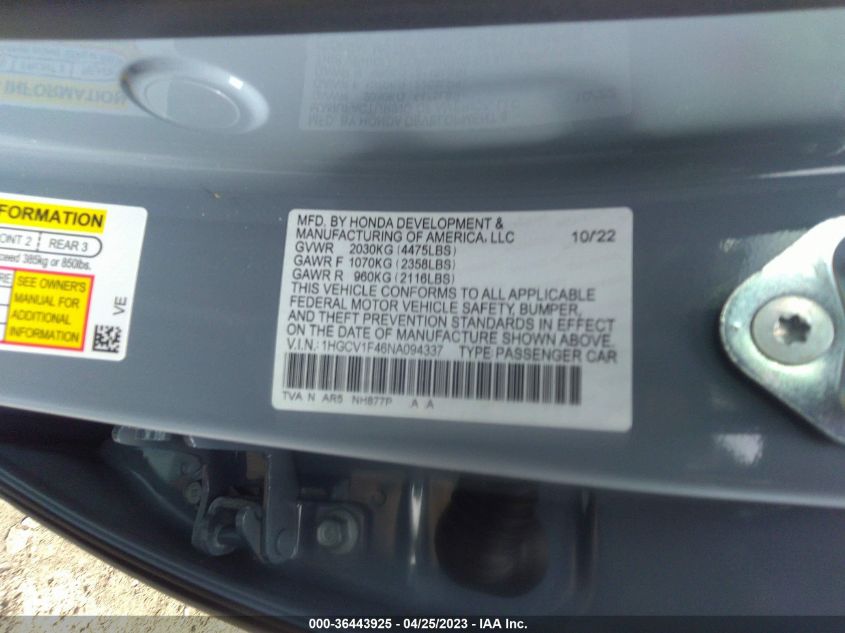 2022 HONDA ACCORD SEDAN SPORT SE - 1HGCV1F46NA094337