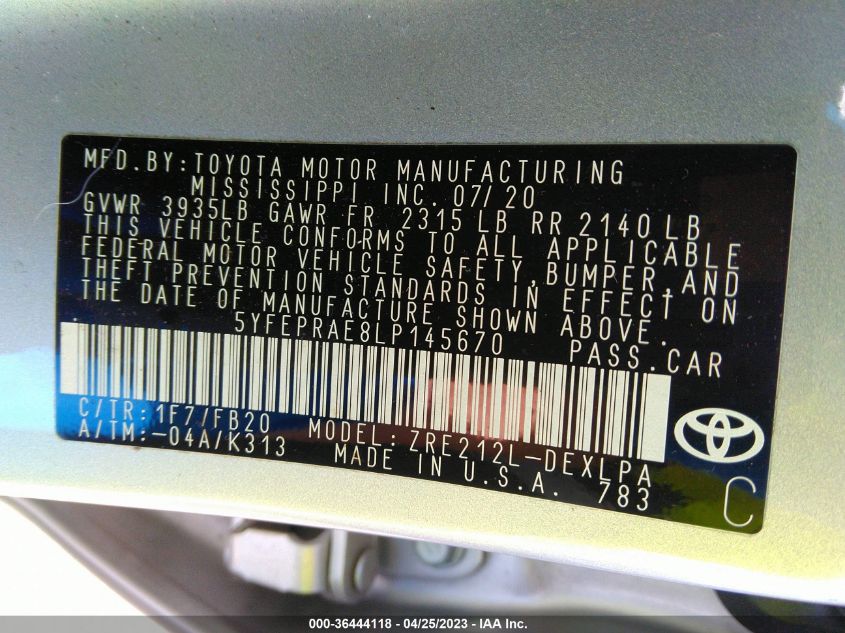 2020 TOYOTA COROLLA LE - 5YFEPRAE8LP145670