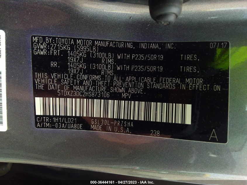 2017 TOYOTA SIENNA SE - 5TDXZ3DC2HS873106