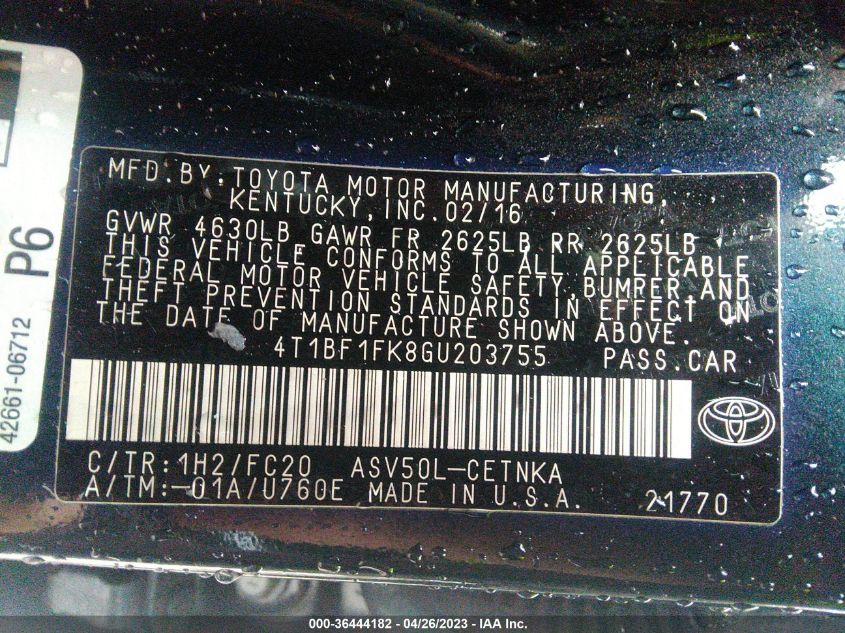 2016 TOYOTA CAMRY XLE/SE/LE/XSE - 4T1BF1FK8GU203755