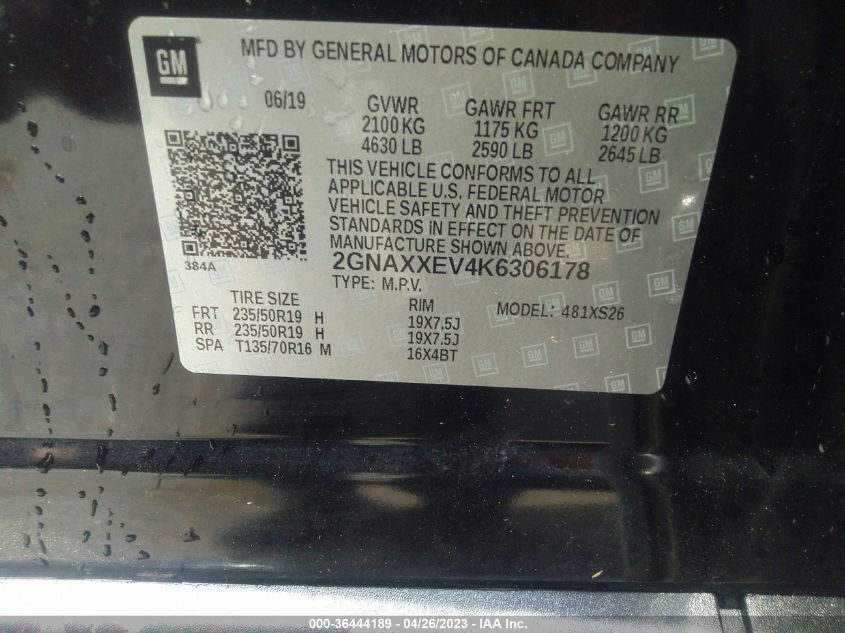 2019 CHEVROLET EQUINOX PREMIER - 2GNAXXEV4K6306178