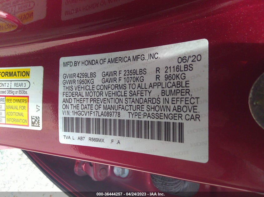 VIN 1HGCV1F17LA089778 2020 HONDA ACCORD SEDAN LX