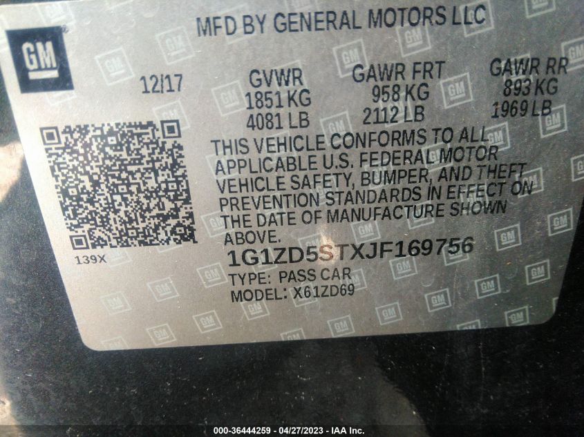 2018 CHEVROLET MALIBU LT - 1G1ZD5STXJF169756