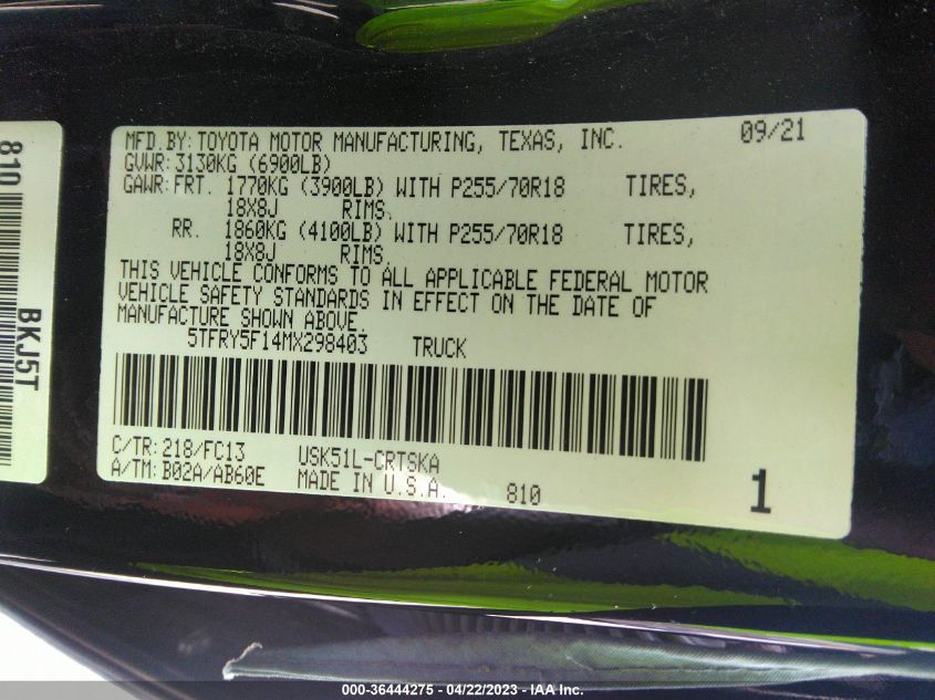 2021 TOYOTA TUNDRA 2WD SR/SR5 5TFRY5F14MX298403