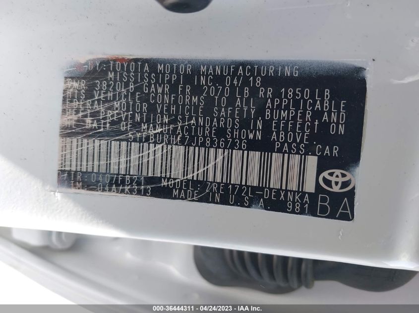 2018 TOYOTA COROLLA LE - 5YFBURHE7JP836736