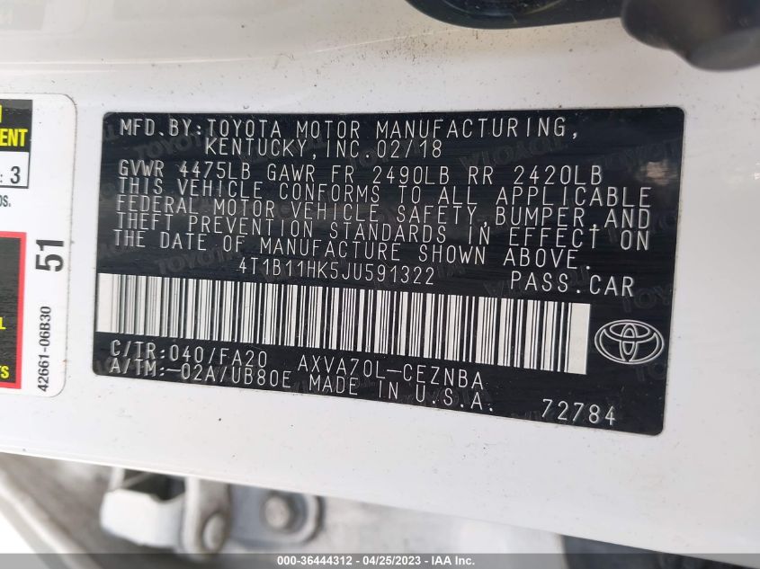2018 TOYOTA CAMRY LE/SE/XLE/L - 4T1B11HK5JU591322