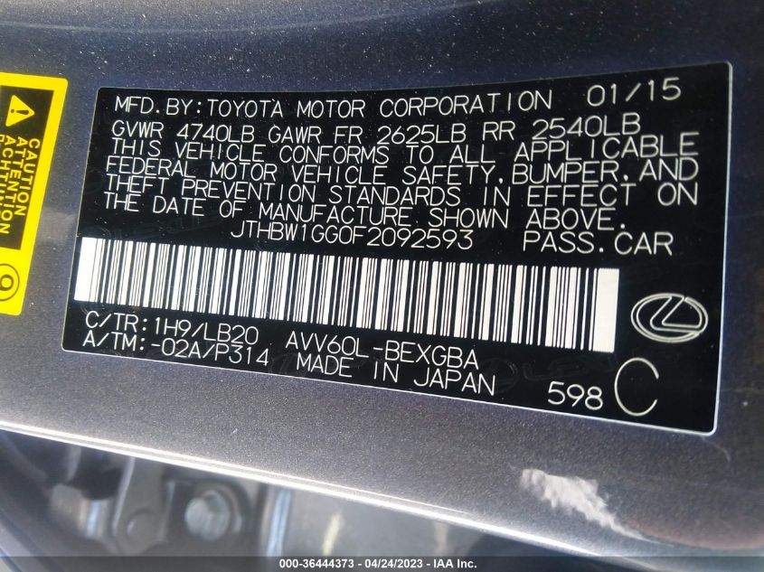2015 LEXUS ES 300H HYBRID - JTHBW1GG0F2092593