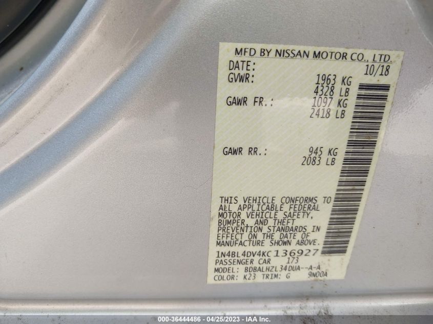2019 NISSAN ALTIMA 2.5 SV - 1N4BL4DV4KC136927