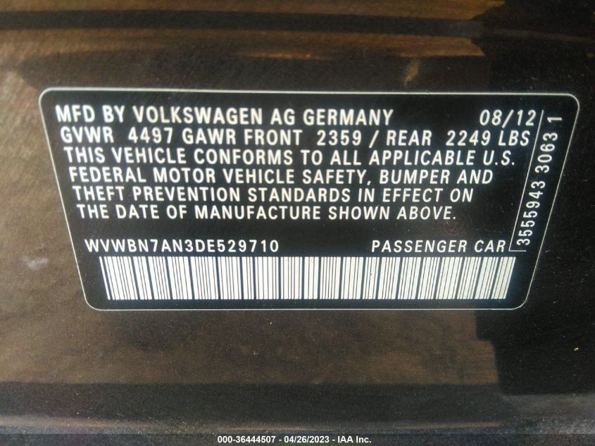 2013 VOLKSWAGEN CC SPORT PLUS - WVWBN7AN3DE529710