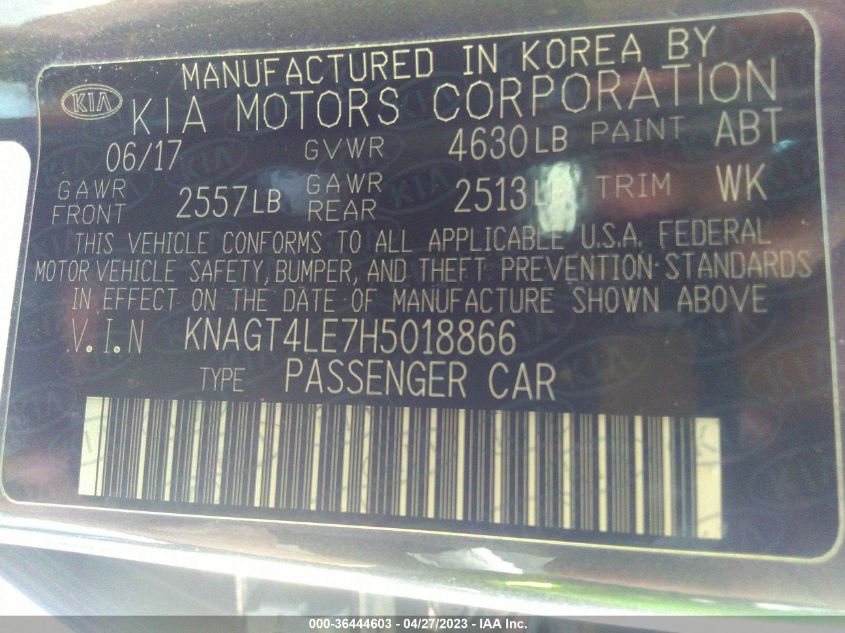 2017 KIA OPTIMA HYBRID BASE - KNAGT4LE7H5018866