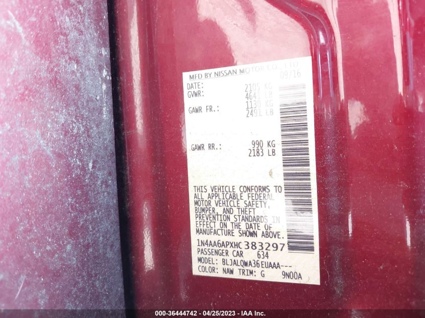 2017 NISSAN MAXIMA S - 1N4AA6APXHC383297