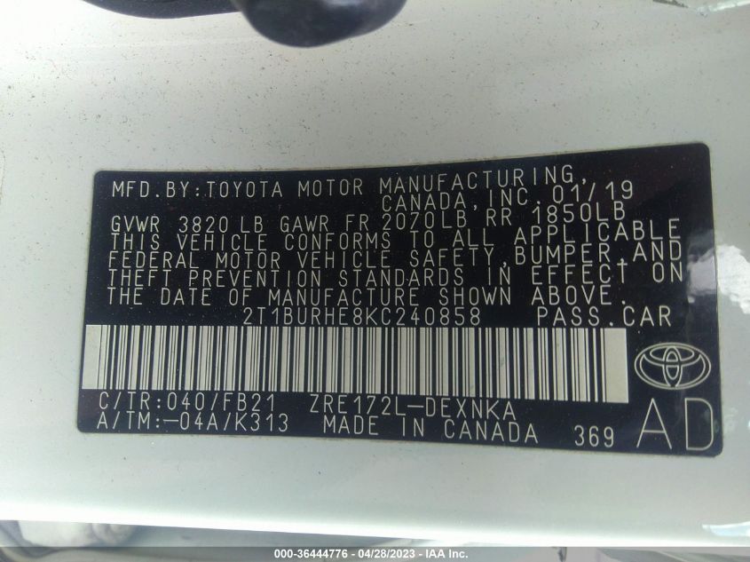 2019 TOYOTA COROLLA L/LE/SE/XLE/XSE - 2T1BURHE8KC240858