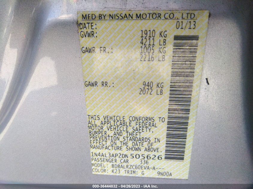 2013 NISSAN ALTIMA 2.5 S - 1N4AL3AP2DN505626