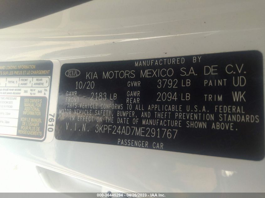 2021 KIA FORTE LXS - 3KPF24AD7ME291767