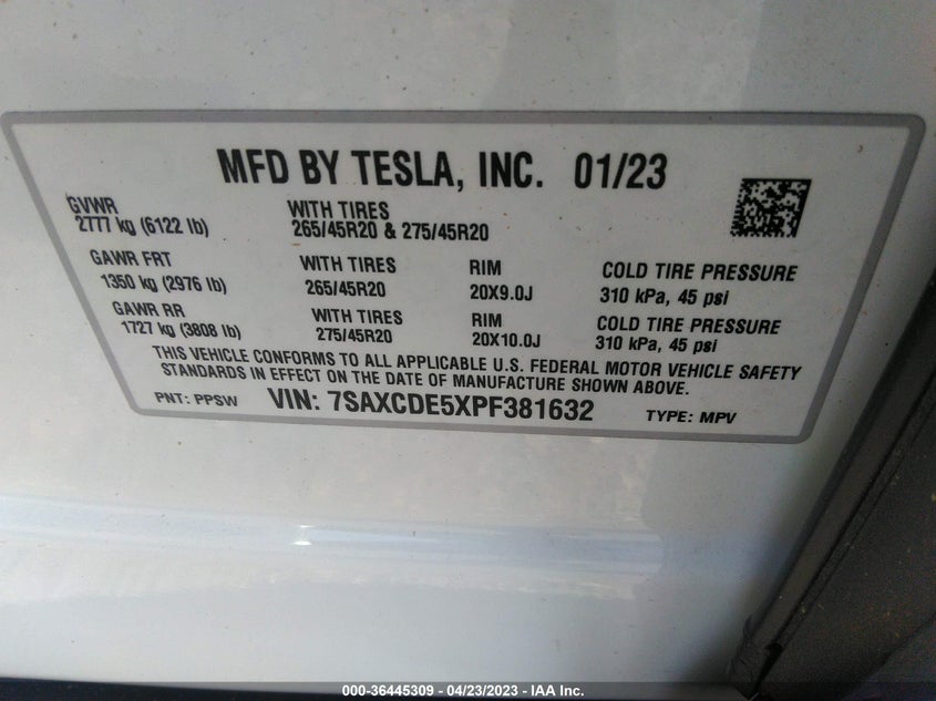 VIN 7SAXCDE5XPF381632 2023 TESLA MODEL X