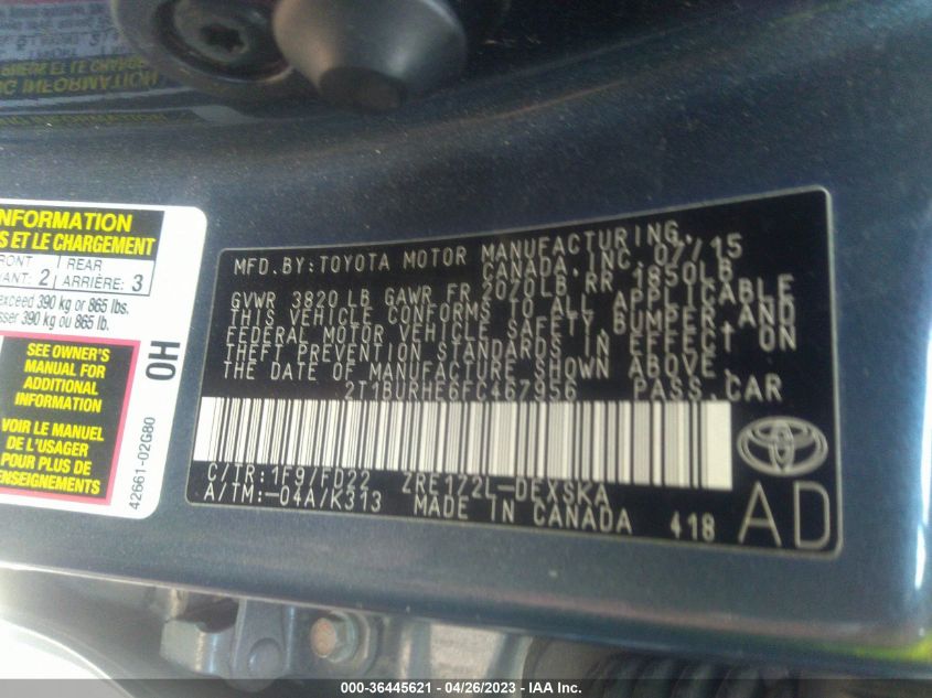2015 TOYOTA COROLLA L/LE/S/S PLUS/LE PLUS - 2T1BURHE6FC467956