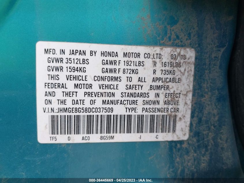 2013 HONDA FIT SPORT - JHMGE8G58DC037509