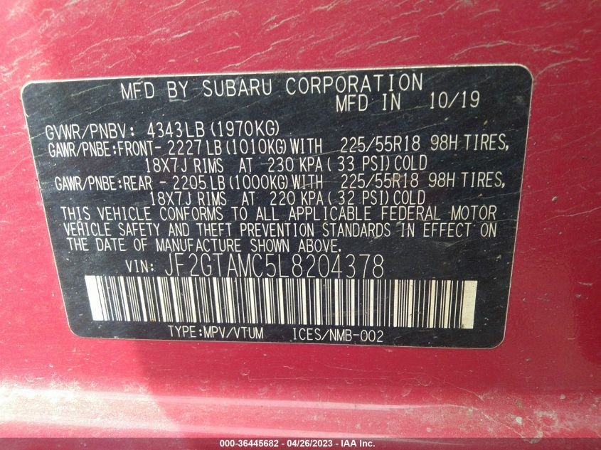 2020 SUBARU CROSSTREK LIMITED - JF2GTAMC5L8204378