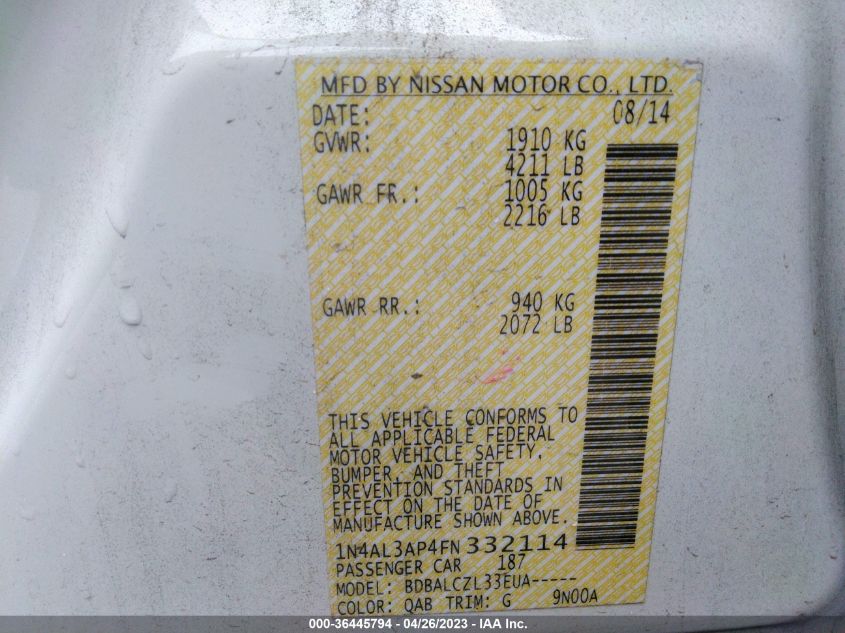 2015 NISSAN ALTIMA 2.5 - 1N4AL3AP4FN332114