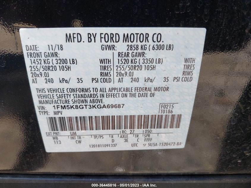 2019 FORD EXPLORER SPORT - 1FM5K8GT3KGA69687