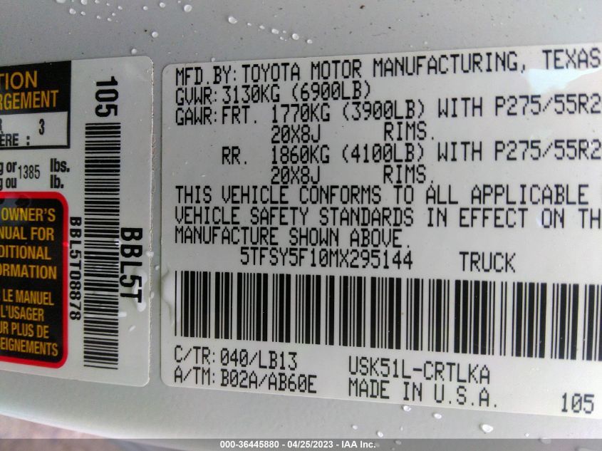 2021 TOYOTA TUNDRA 2WD LIMITED 5TFSY5F10MX295144