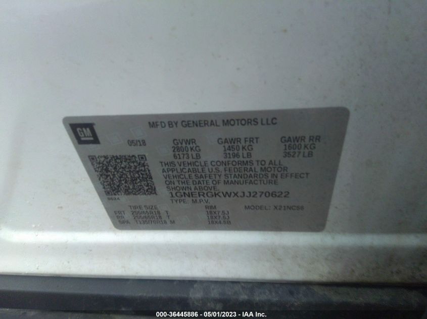 2018 CHEVROLET TRAVERSE LT CLOTH - 1GNERGKWXJJ270622