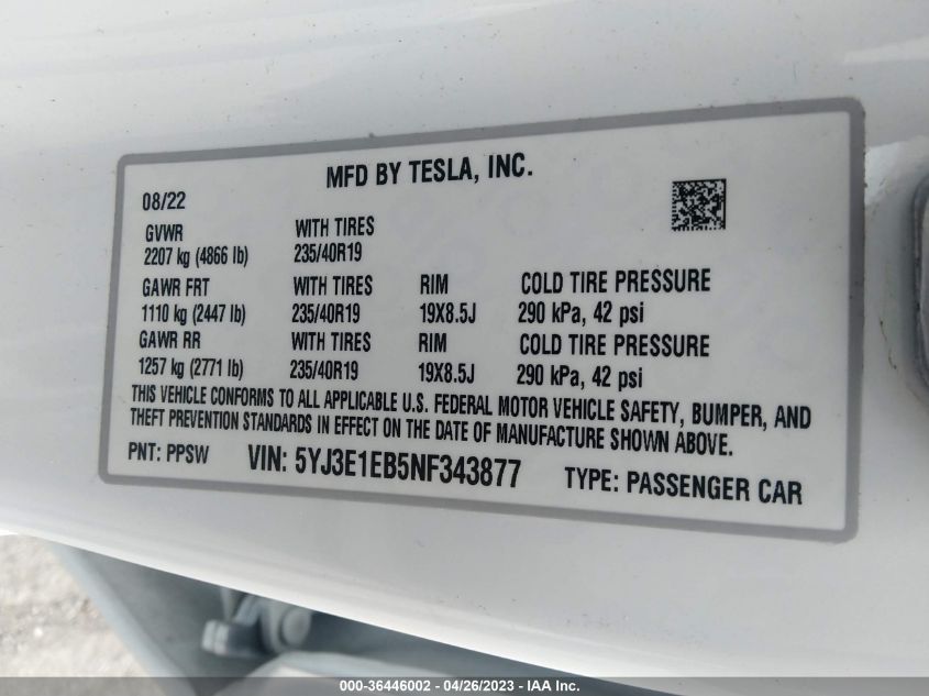 2022 TESLA MODEL 3 LONG RANGE - 5YJ3E1EB5NF343877