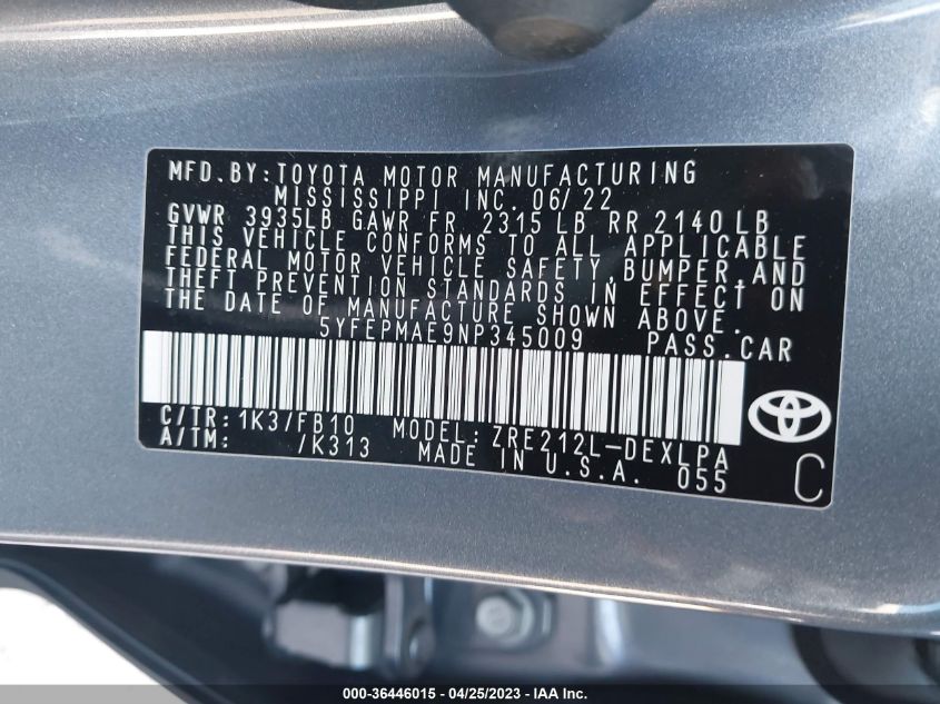 2022 TOYOTA COROLLA LE - 5YFEPMAE9NP345009