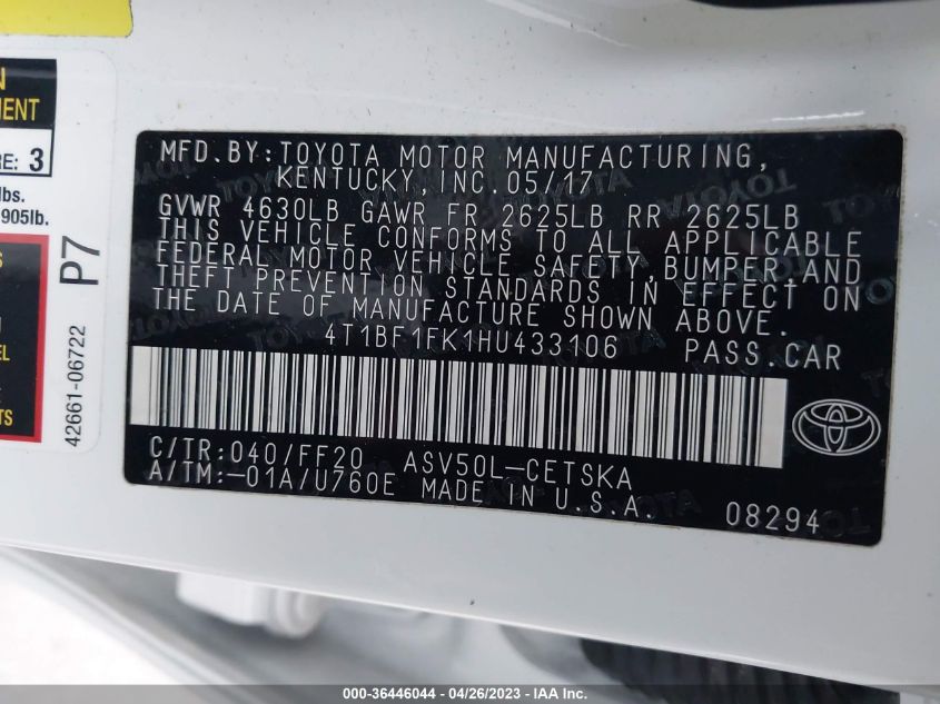 2017 TOYOTA CAMRY XLE/SE/LE/XSE - 4T1BF1FK1HU433106