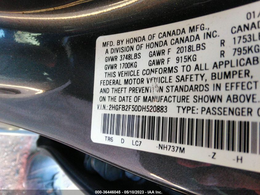 2013 HONDA CIVIC SDN LX - 2HGFB2F50DH520883